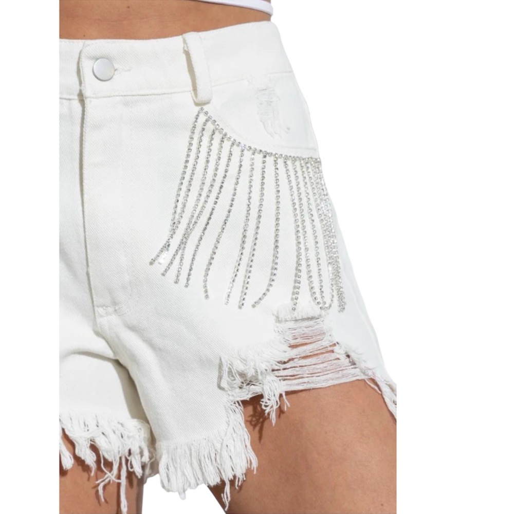 Blue B White Ripped Rhinestone Fringe Shorts - Picture 5 of 11